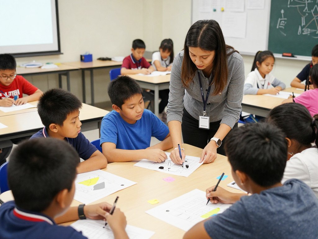 Teacher working with a small group of gifted students on an advanced project while other students work independently