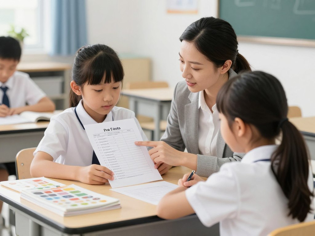 Teacher working with a student on a curriculum compacting assessment