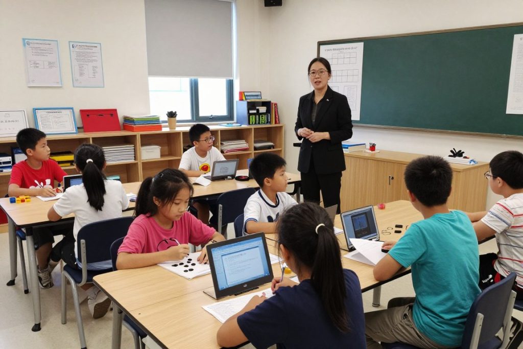 Teacher working with different groups of students on differentiated activities