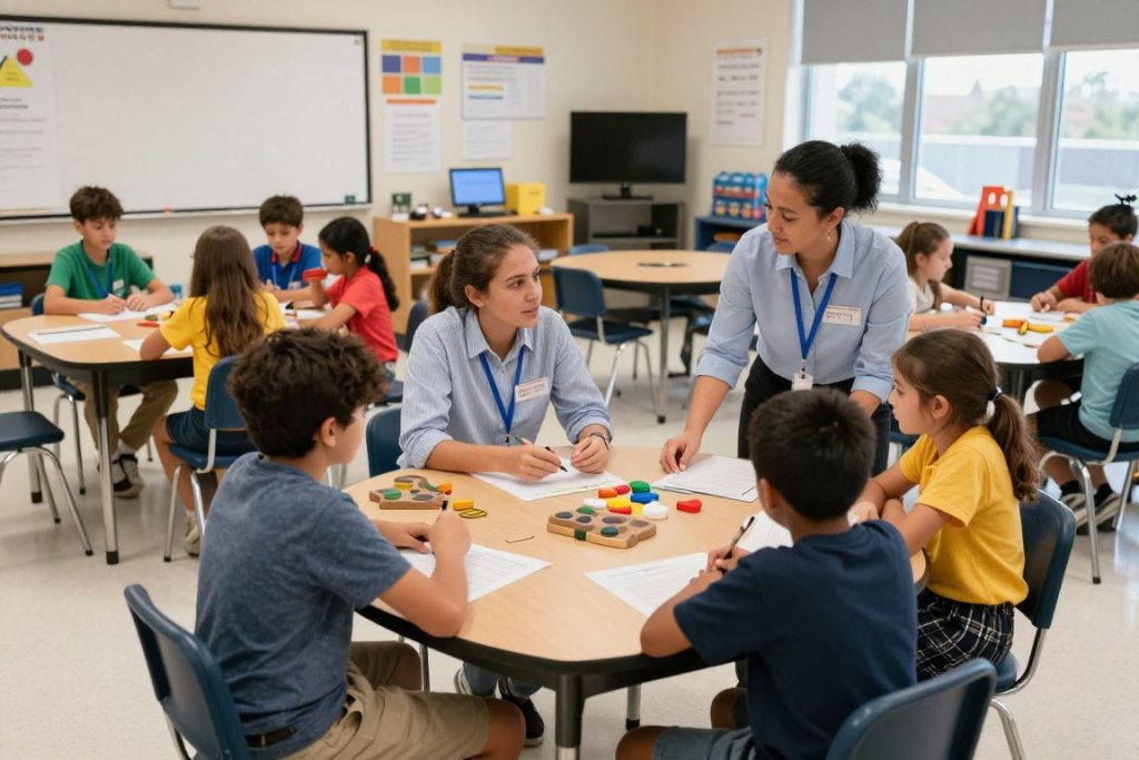 Teacher working with small groups of students at different stations in a differentiated classroom Teacher working with small groups of students at different stations in a differentiated classroom