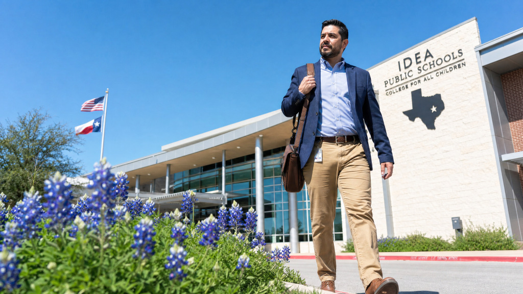 Texas hub hero 1 Hispanic male teacher walking towards a Texas school building with bluebonnets, representing Texas teacher certificate renewal and professional development.